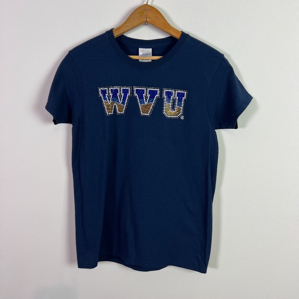 West Virginia University Mountaineers Rhinestone Short Sleeve T Shirt Women New